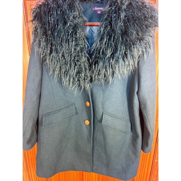 Roamans Womens 22W Green Coat With Faux Fur Collar & Button Closure Penny Lane - Picture 2 of 7